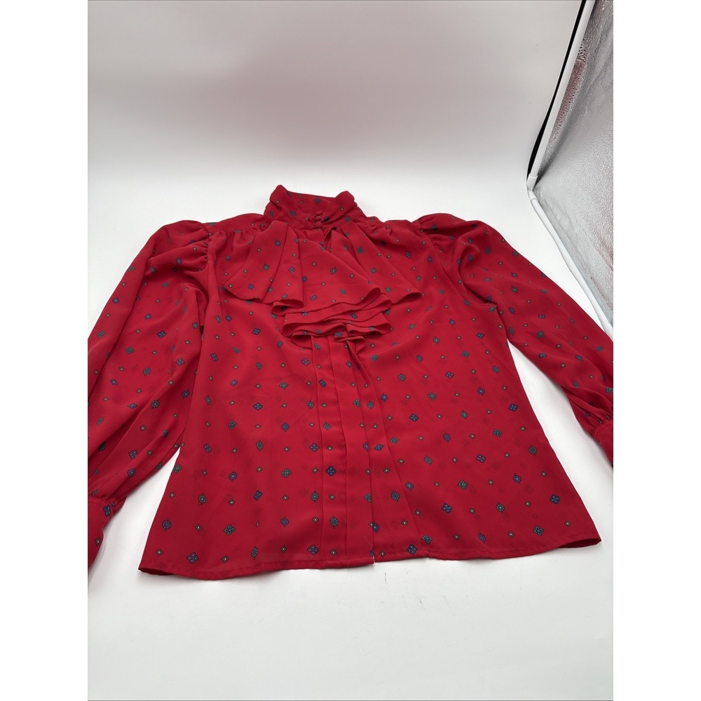 Vintage Women's Chaus‎ Petites Size 8 Red Ruffled Button Neck Secretary Style
